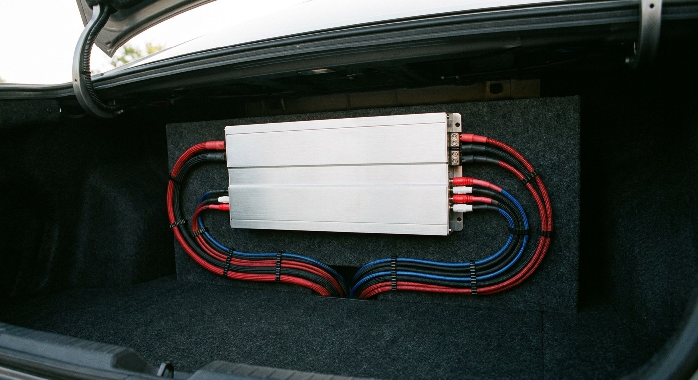 Car audio amplifier mounted in a trunk with speaker wire connections