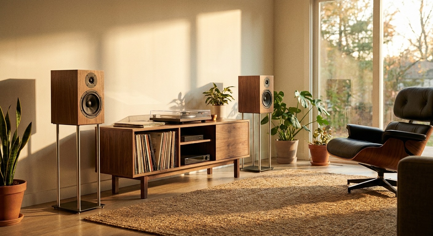 Bookshelf speaker next to a floor-standing tower speaker