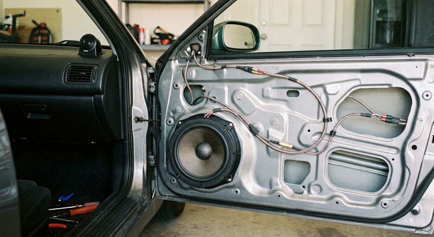 Car audio head unit and speakers in a vehicle dashboard