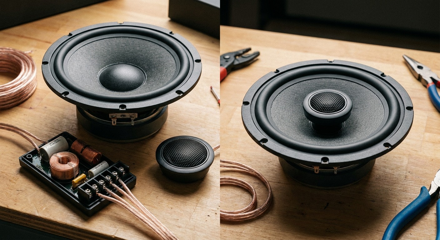 Component speaker set with separate tweeter and woofer next to a coaxial speaker