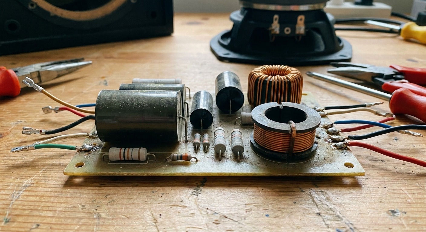 A passive crossover circuit board with inductors and capacitors beside a diagram of active crossover signal flow
