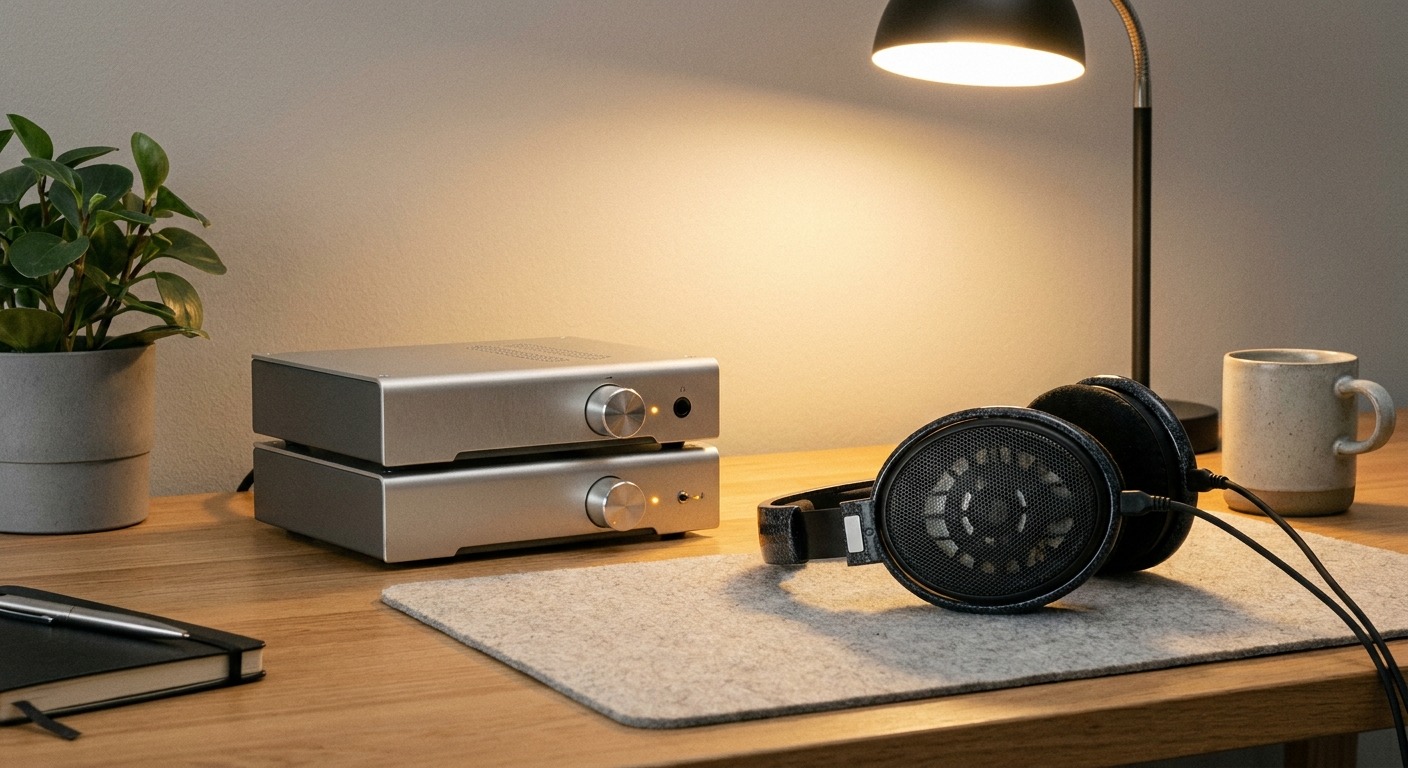 A desktop DAC and headphone amplifier stacked together beside a pair of headphones