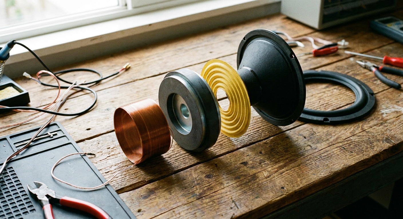 Cutaway diagram of a dynamic speaker driver showing the voice coil, magnet, cone, spider, and surround