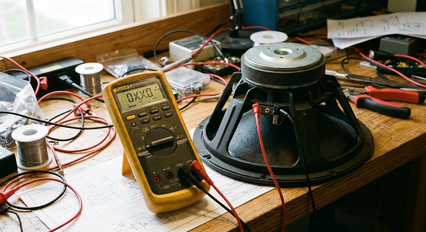 Close-up of a speaker specification label showing impedance and sensitivity ratings
