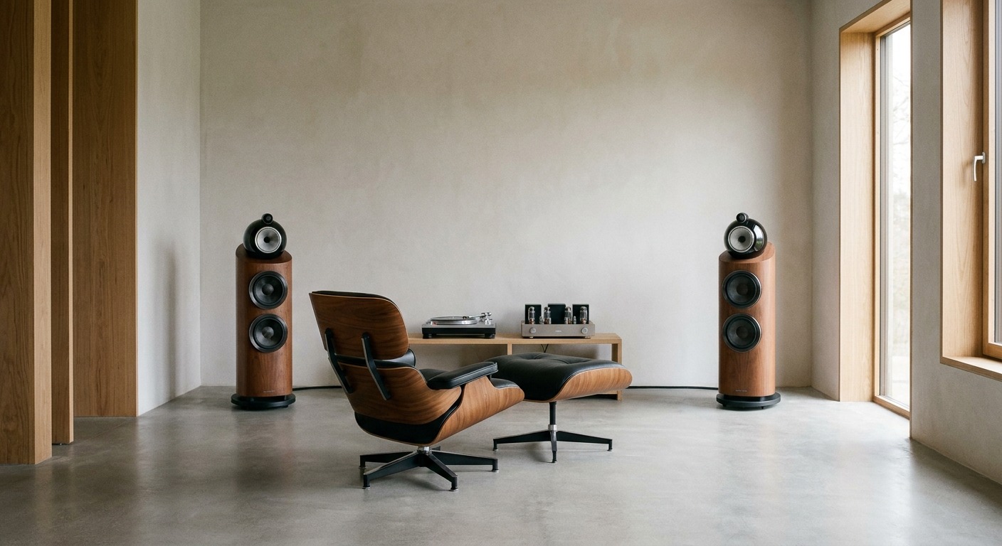 Living room with speakers positioned away from walls