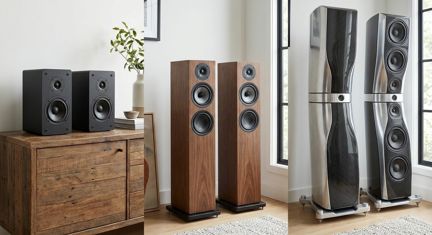 A row of speakers at different price points illustrating the diminishing returns curve in audio equipment