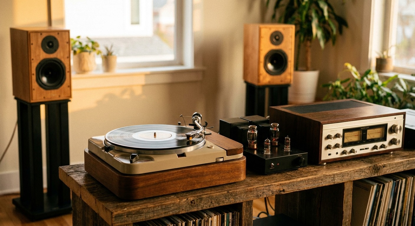 Turntable tonearm positioned over a vinyl record with cartridge alignment protractor visible