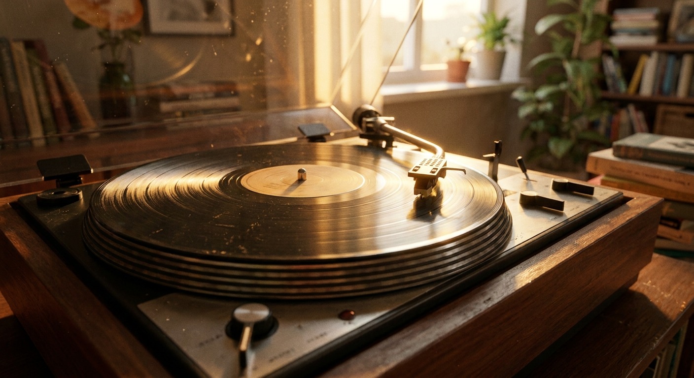 A turntable and a digital audio player side by side on a wooden shelf with vinyl records in the background